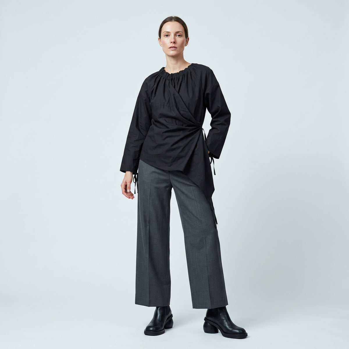 Gathered Black Asymmetric Cotton Blouse