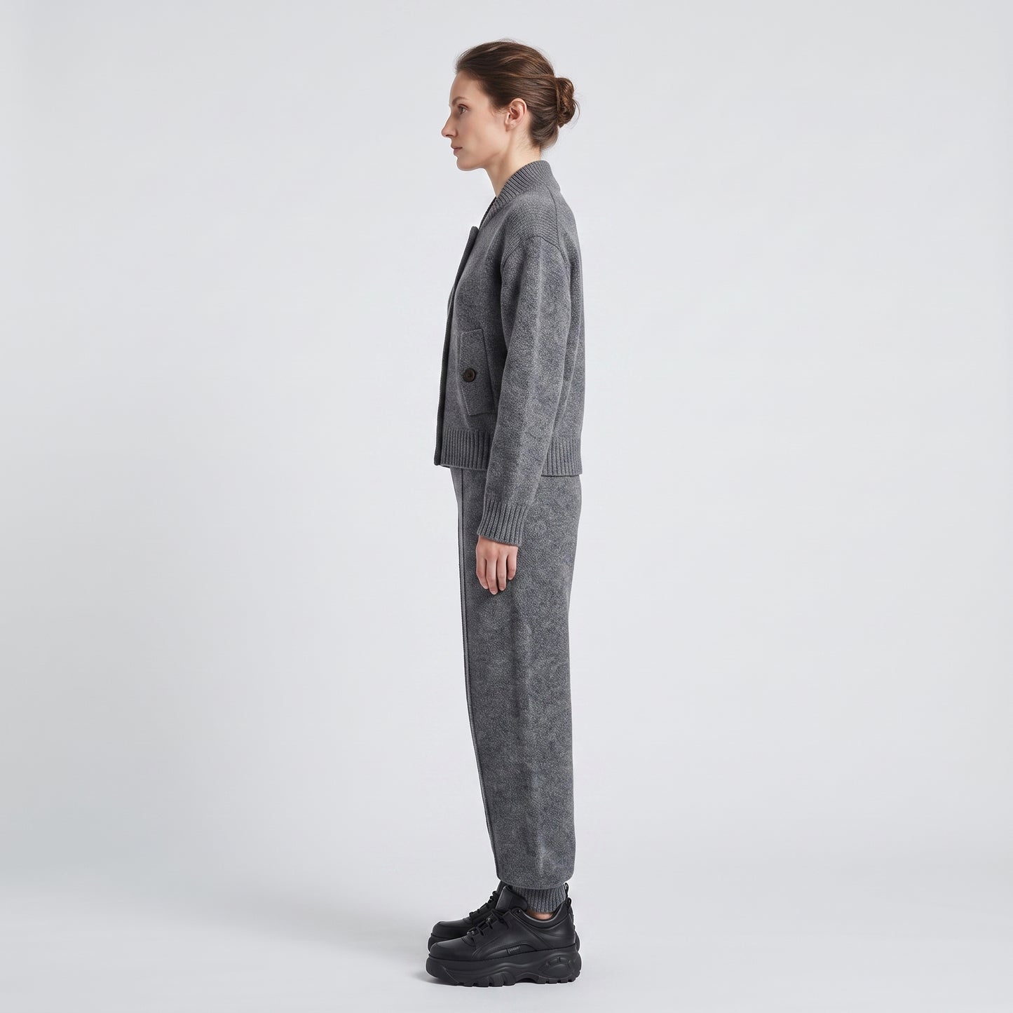 Grey Ribbed Knit Bomber Jacket