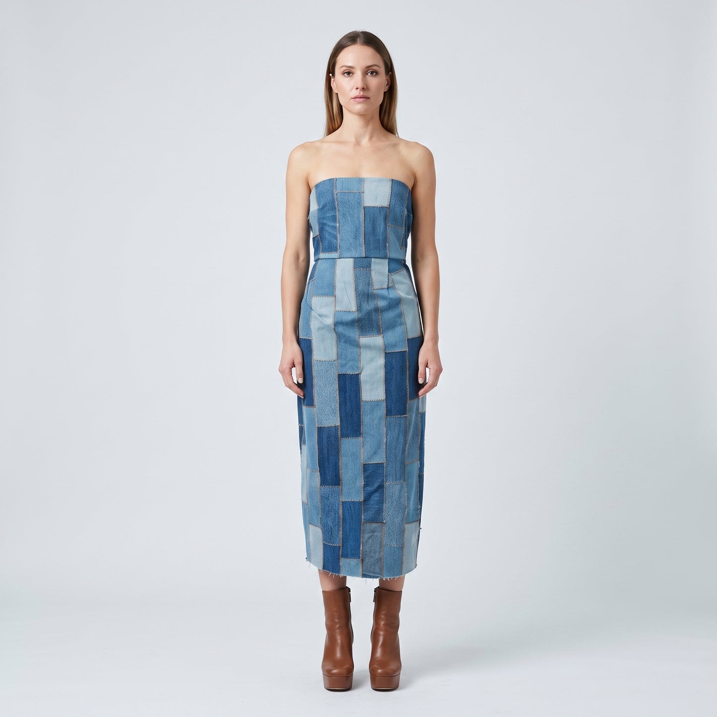Patchwork Denim Strapless Midi Dress