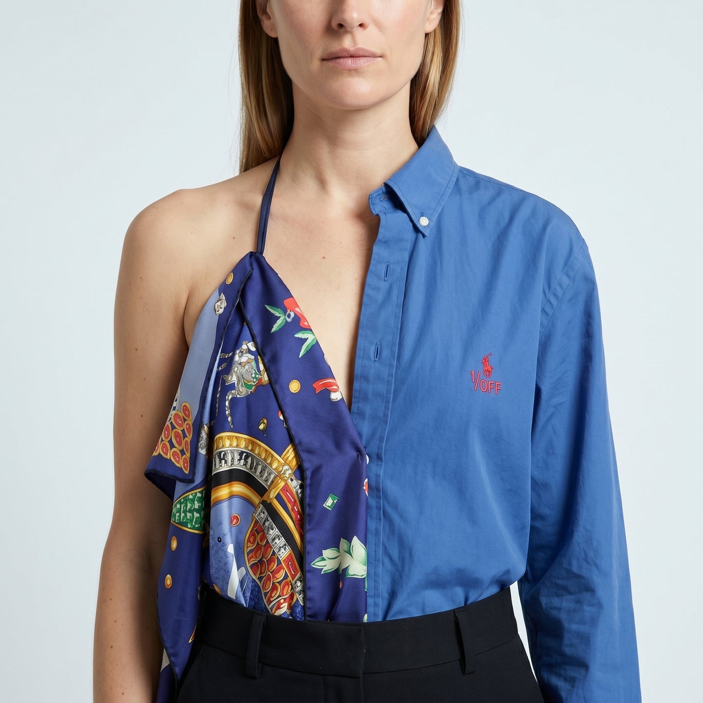 Asymmetric Scarf Detail Blue Shirt