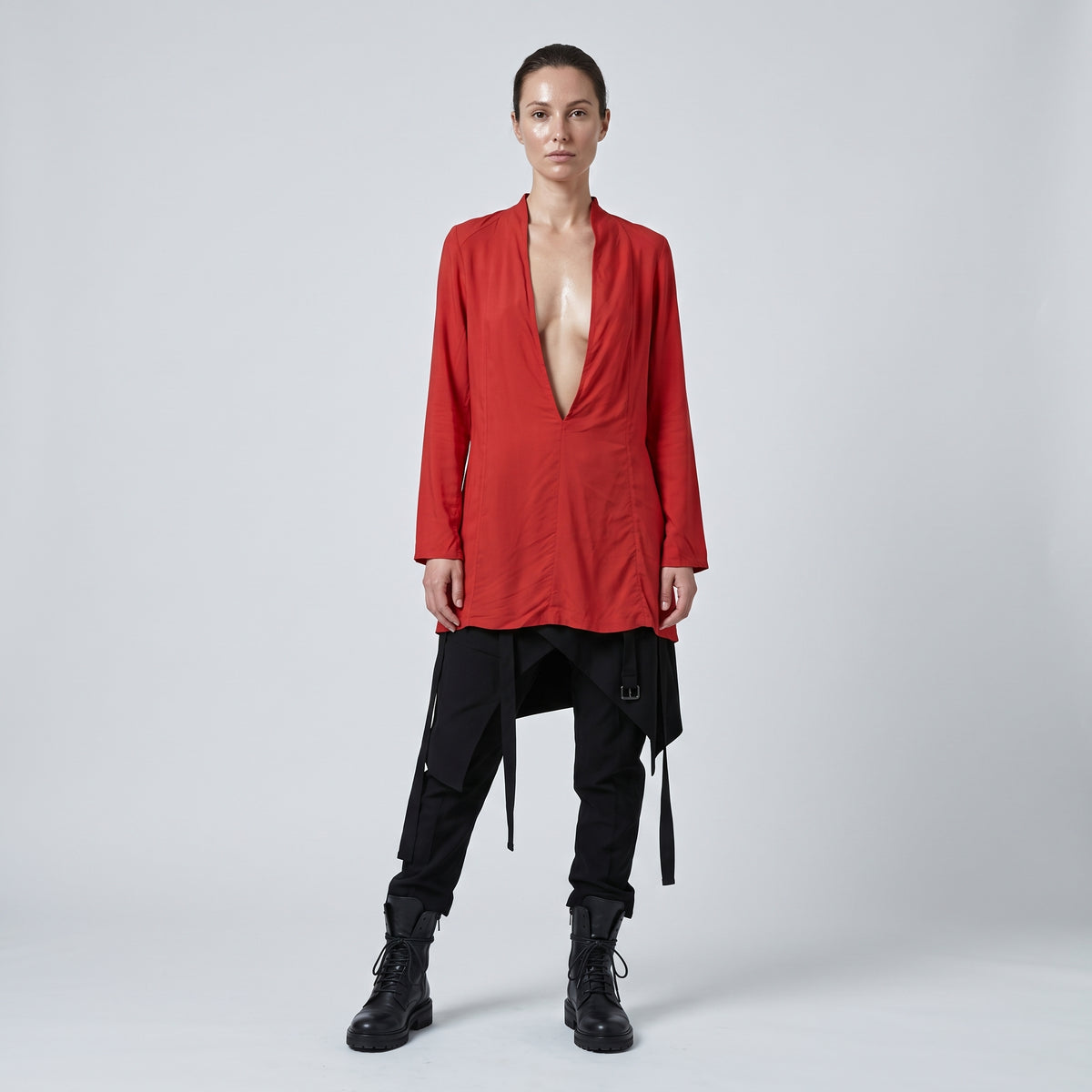 Red Deep V-Neck Blouse