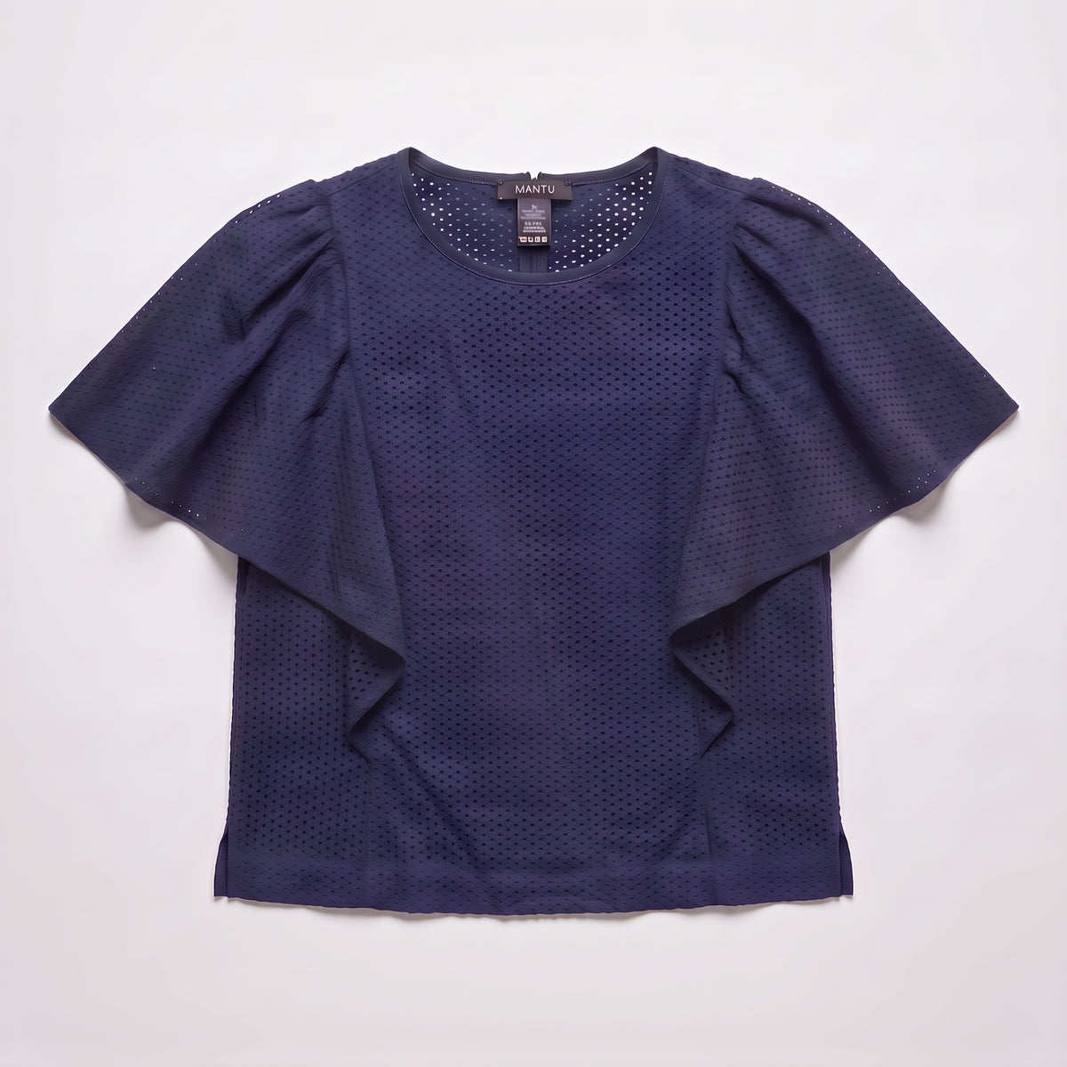 Navy Eyelet Ruffle Sleeve Top