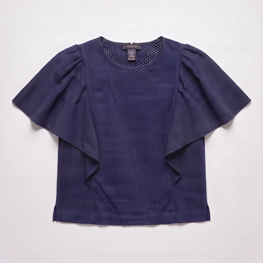Navy Eyelet Ruffle Sleeve Top