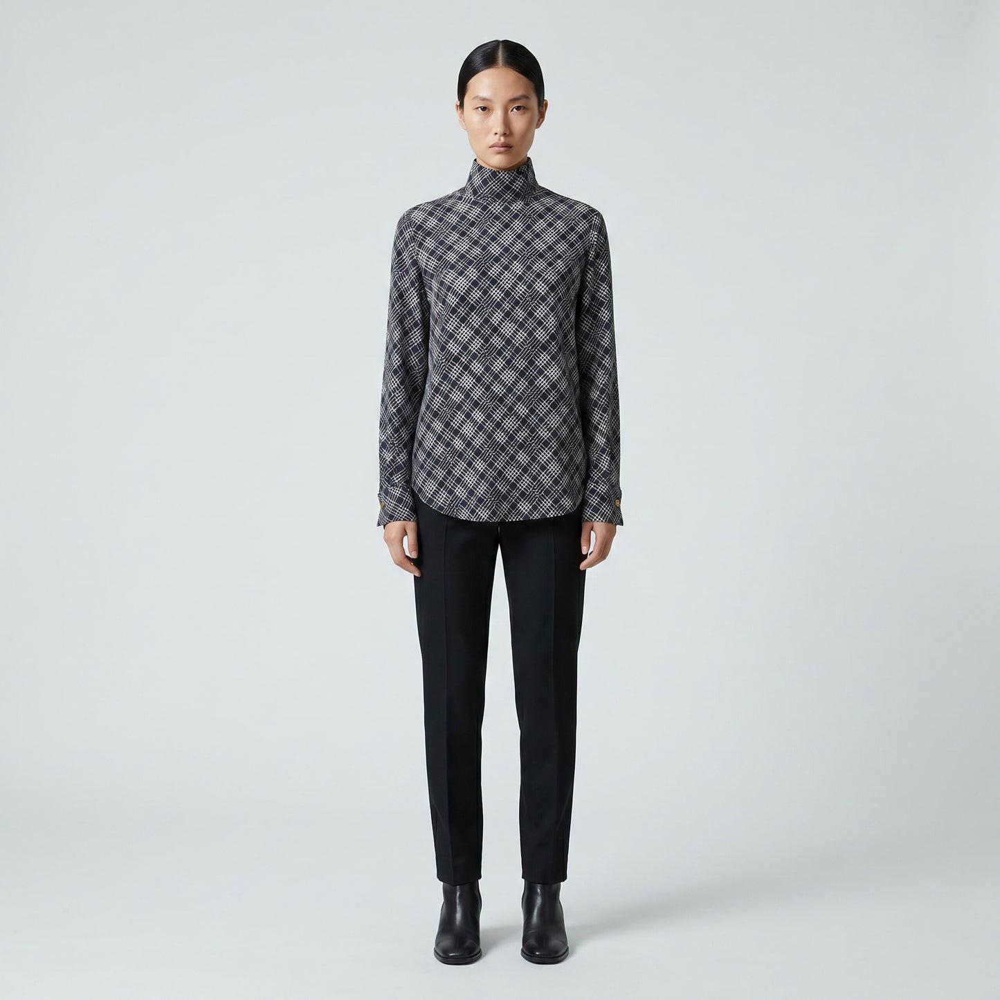 Checkered High-Neck Long-Sleeve Shirt