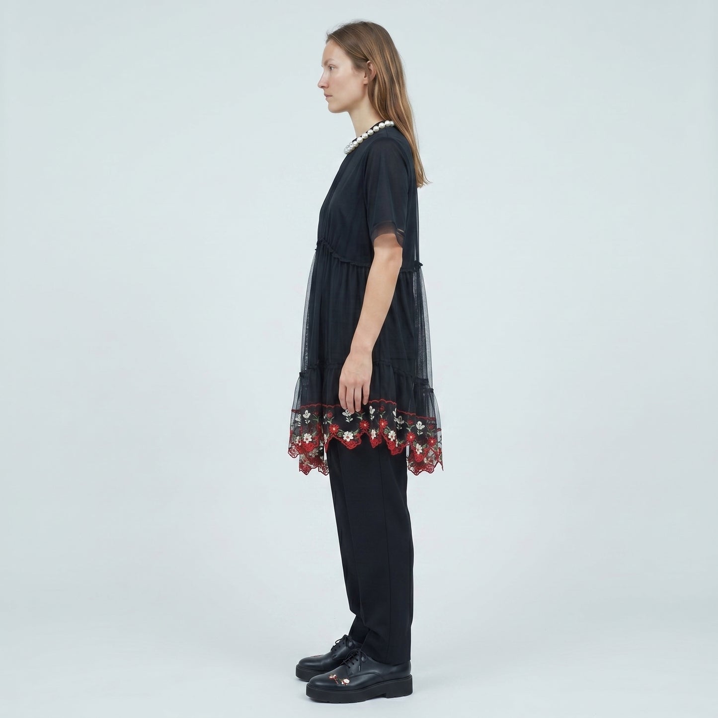 Pearl Collar Floral Tulle SHIRT TOP