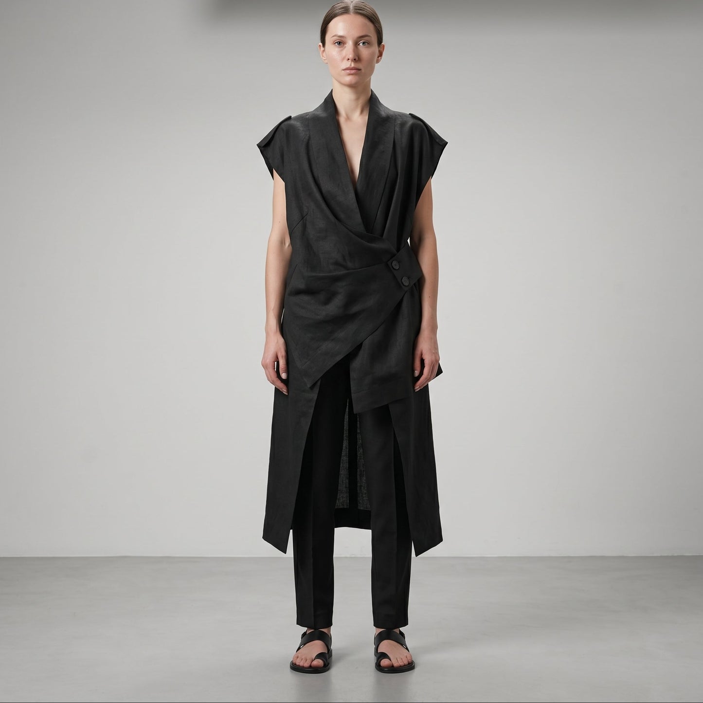 Tailored Asymmetric Linen Wrap Vest