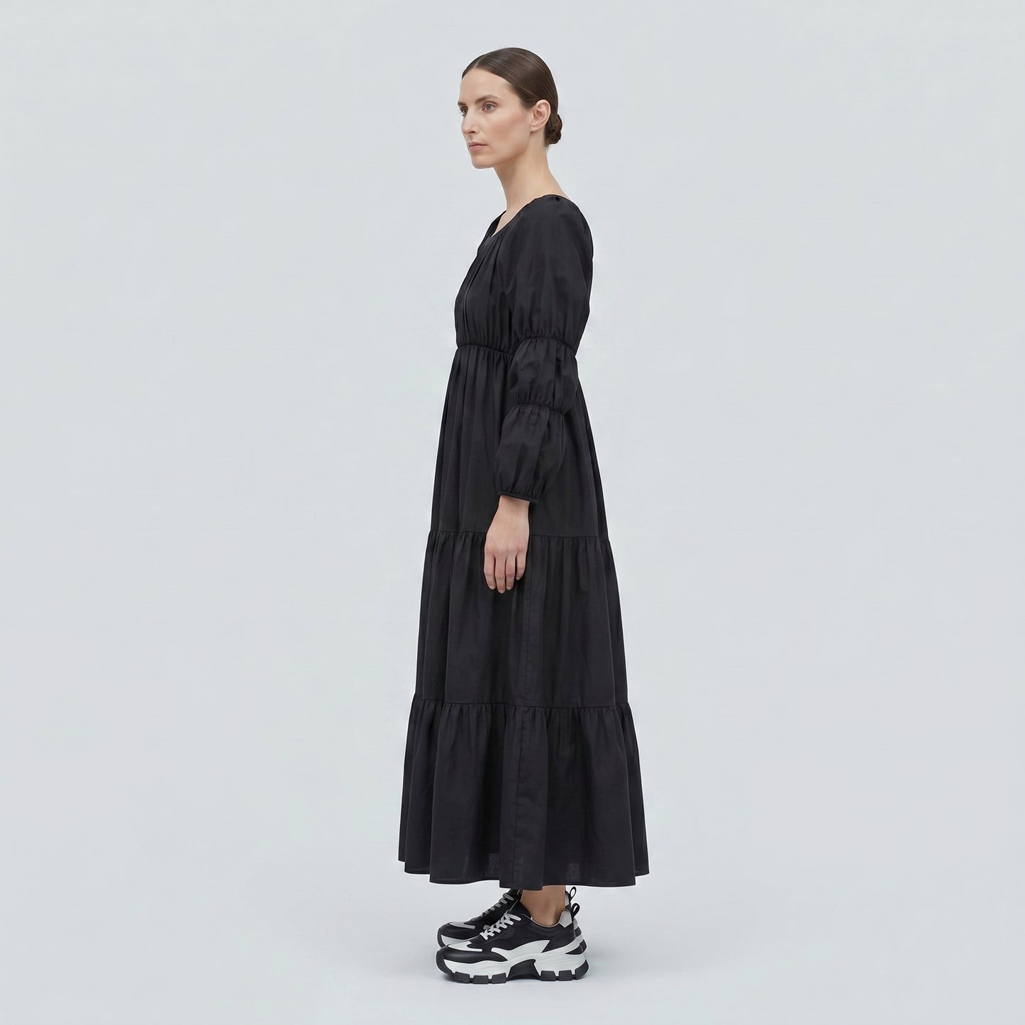 Ruched Tiered Cotton Midi Dress