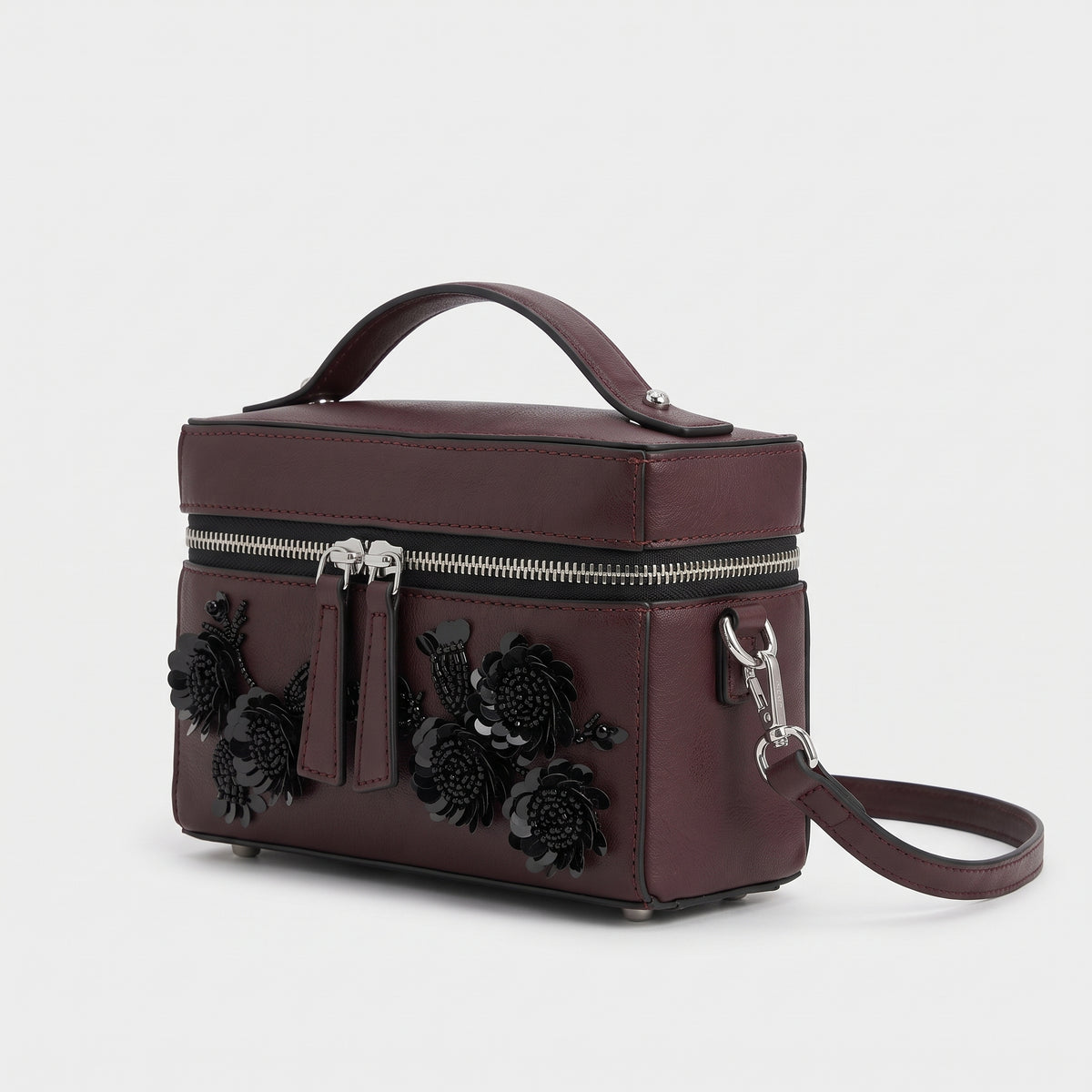 Embellished Burgundy Leather Vanity Bag