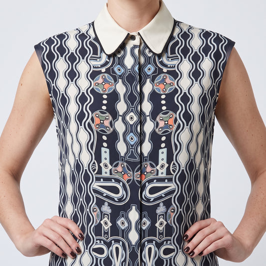 Graphic Print Collared Sleeveless Vest