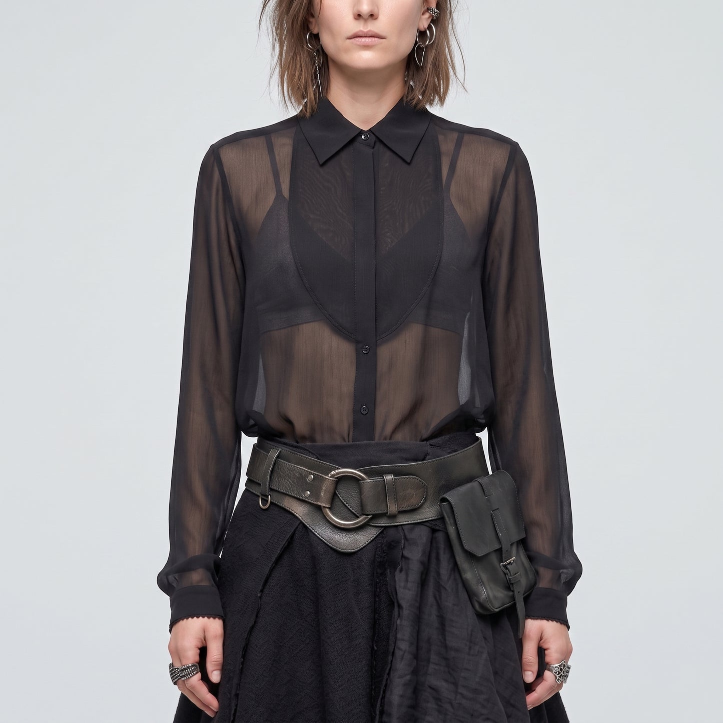 Sheer Panel Button-Down Shirt