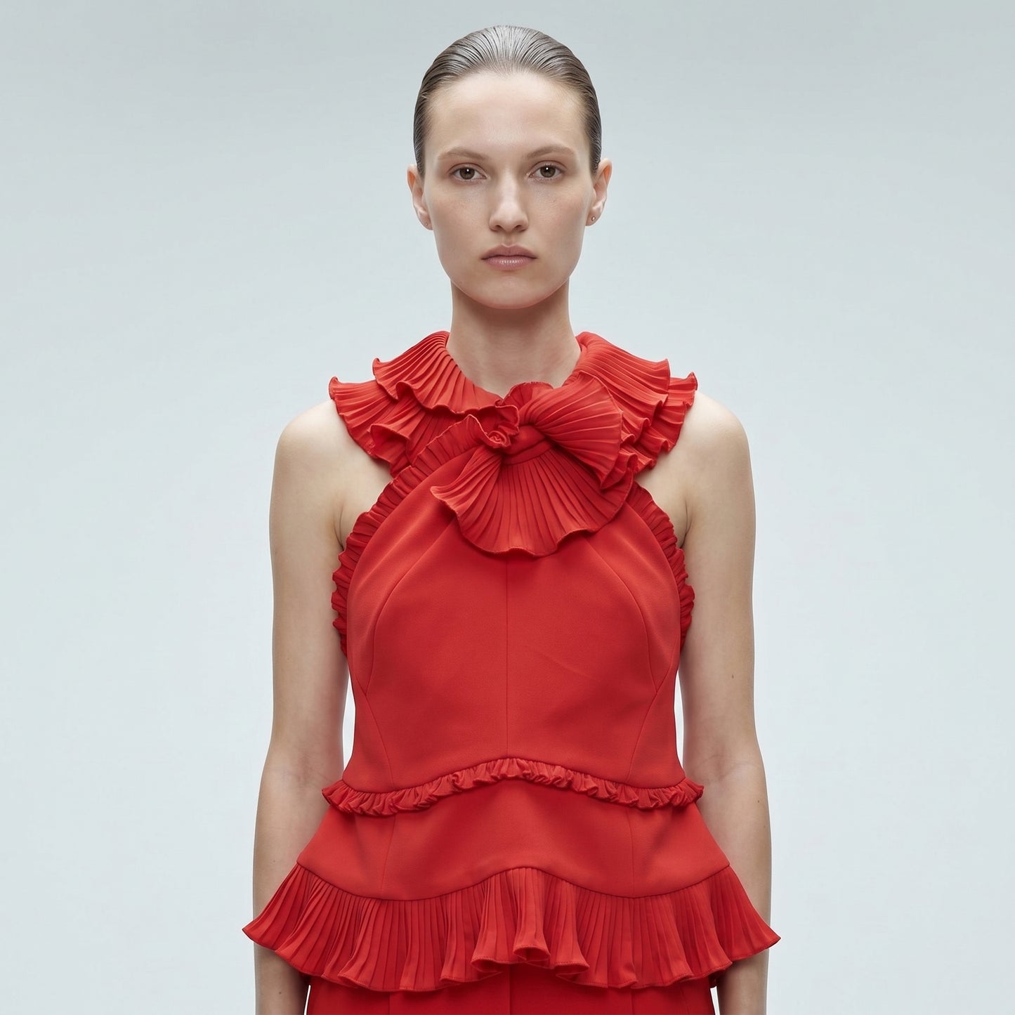 Pleated Ruffle Detail Red Top