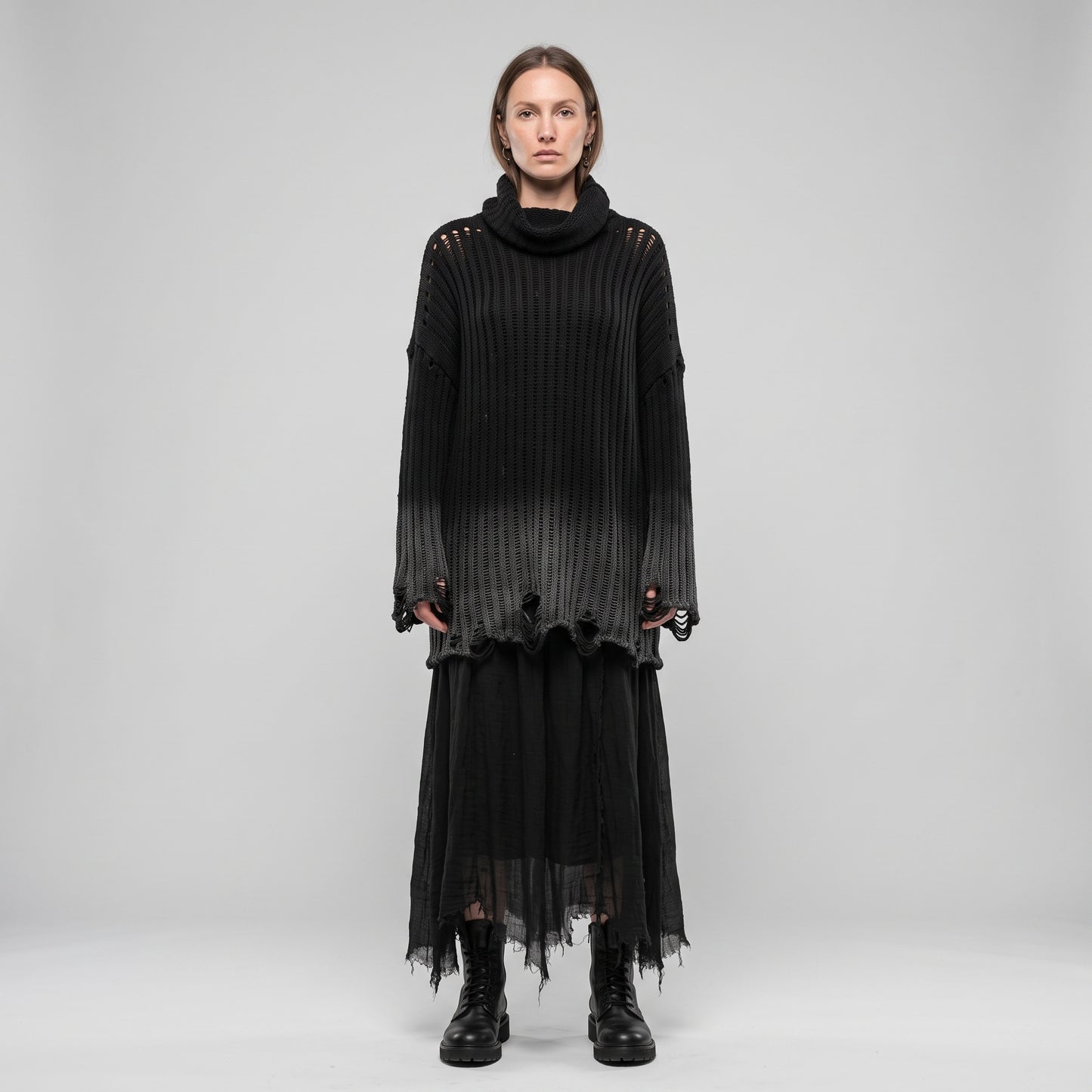 Distressed Ribbed Turtleneck Sweater