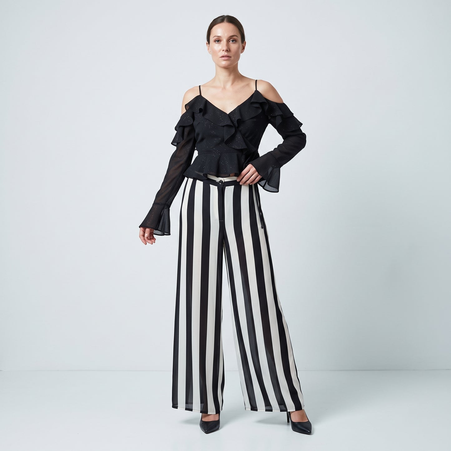 Shimmering Cold-Shoulder Ruffle Top