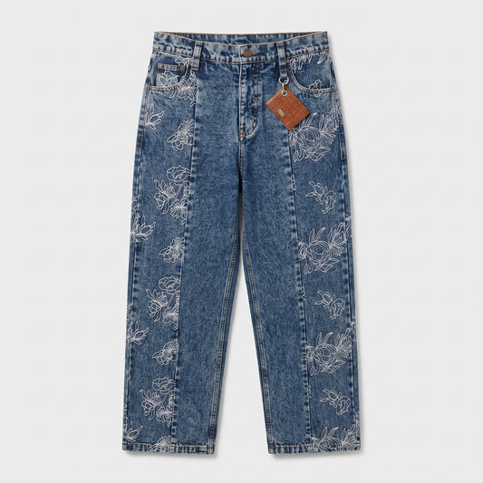 Floral Embroidered Acid Wash Jeans