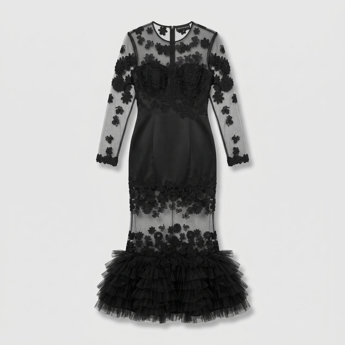 Embroidered Sheer Ruffle Evening Gown