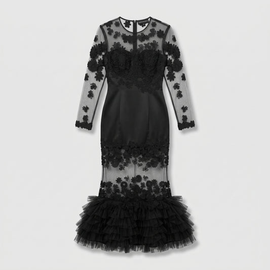 Embroidered Sheer Ruffle Evening Gown