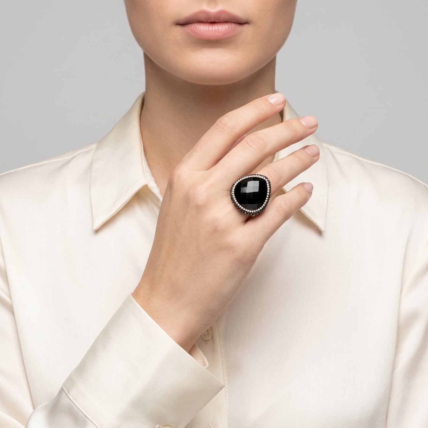 Crystal Embellished Onyx Statement Ring
