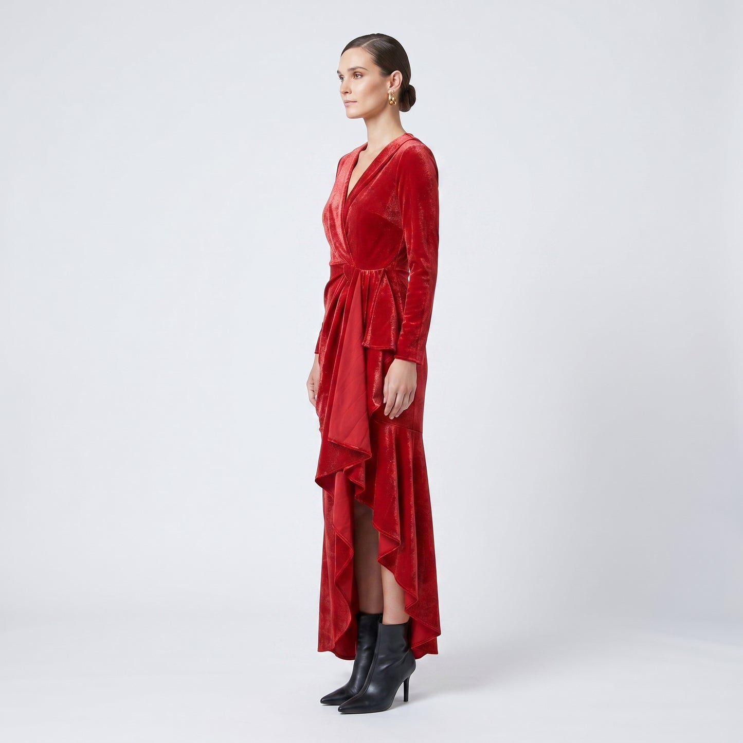 Red Velvet Ruffled Midi Dress