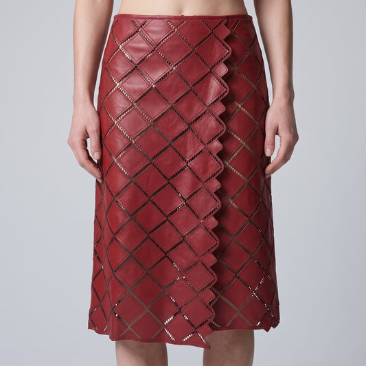 Lattice Cutout Leather Midi Skirt