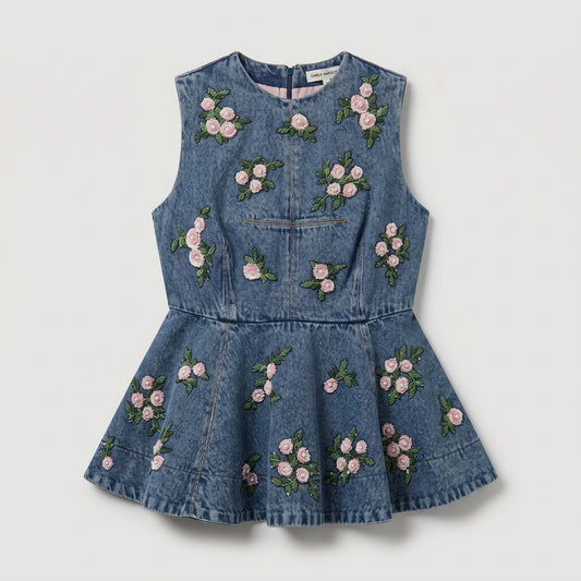 Embroidered Floral Denim Peplum Top