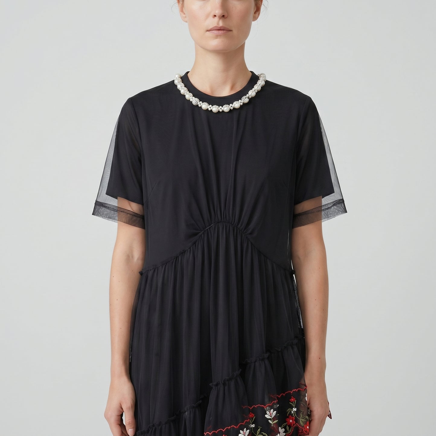 Embroidered Tulle Pearl Neck Dress