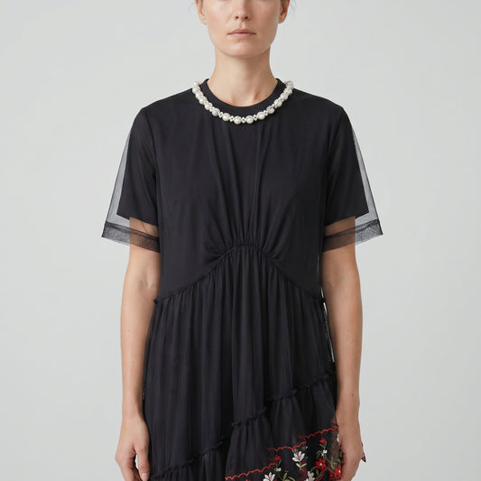 Embroidered Tulle Pearl Neck Dress