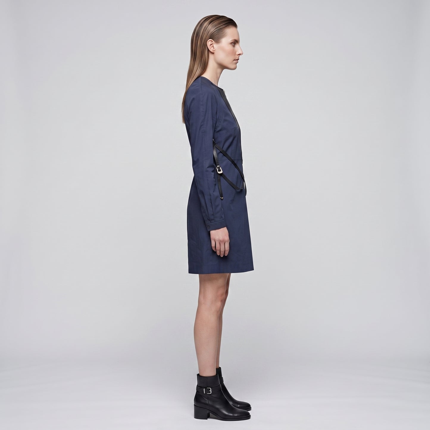 Navy Leather Trimmed Mini Dress