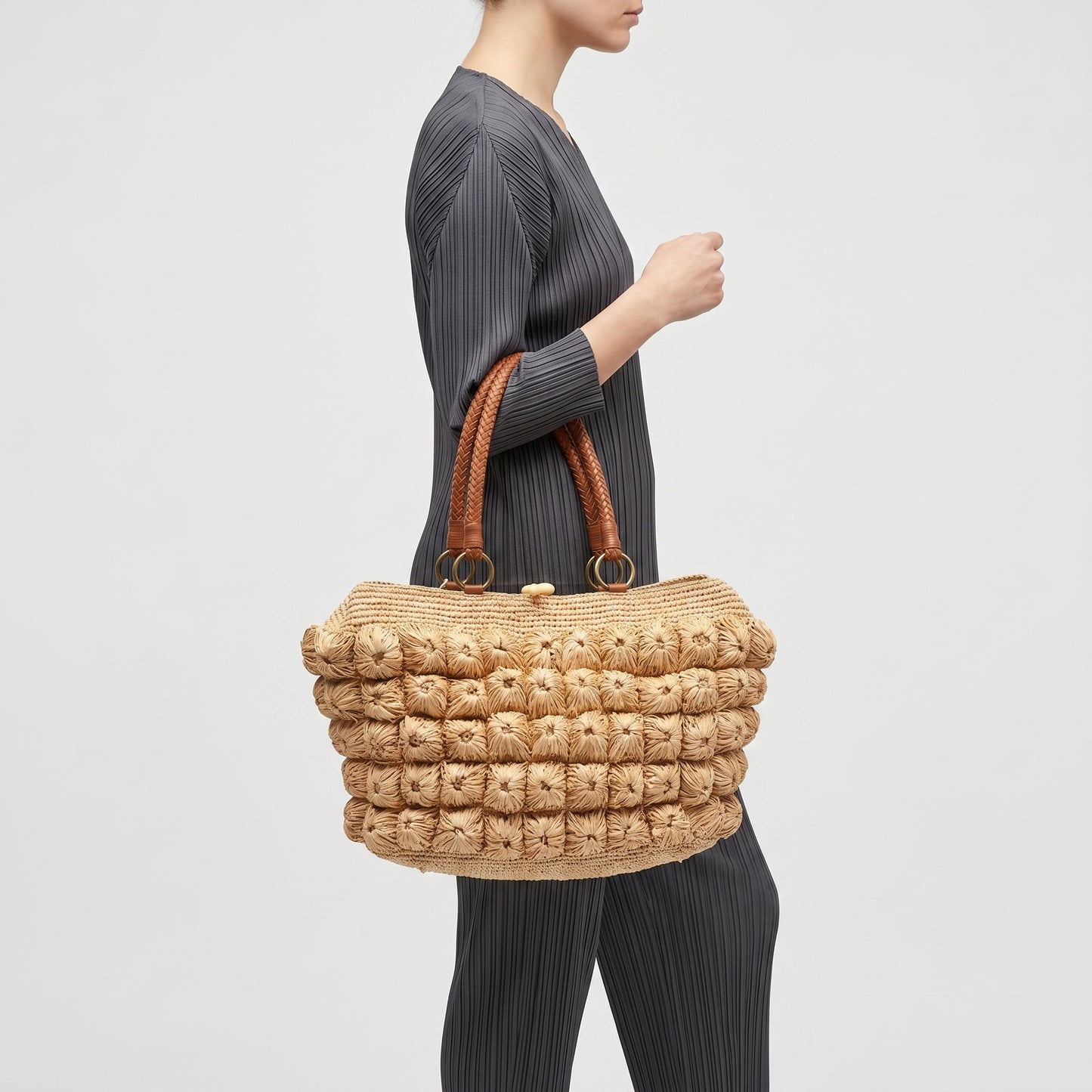Textured Woven Raffia Tote Bag