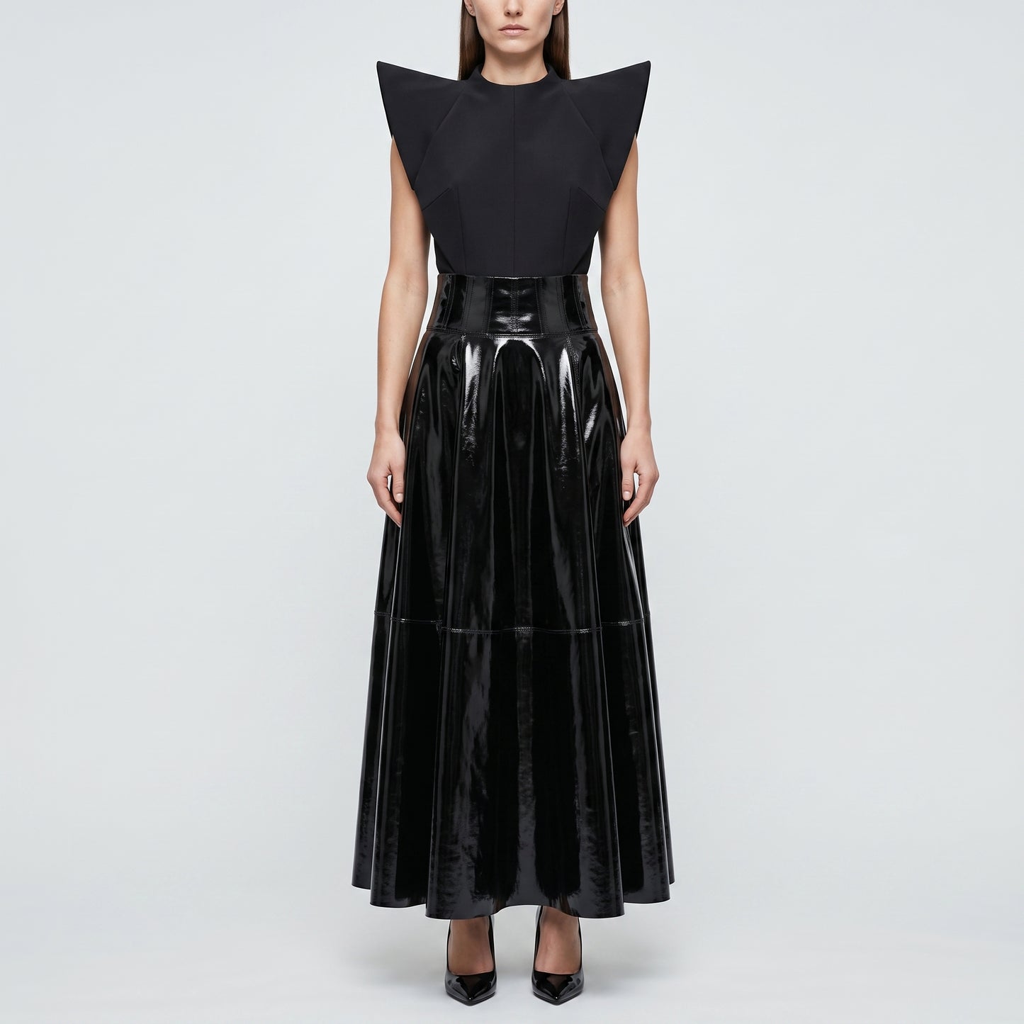 High-Waisted Patent Midi Skirt
