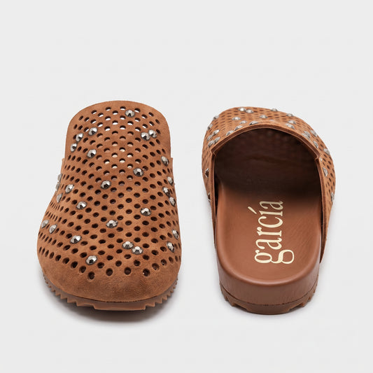 Studded Perforated Suede Mules