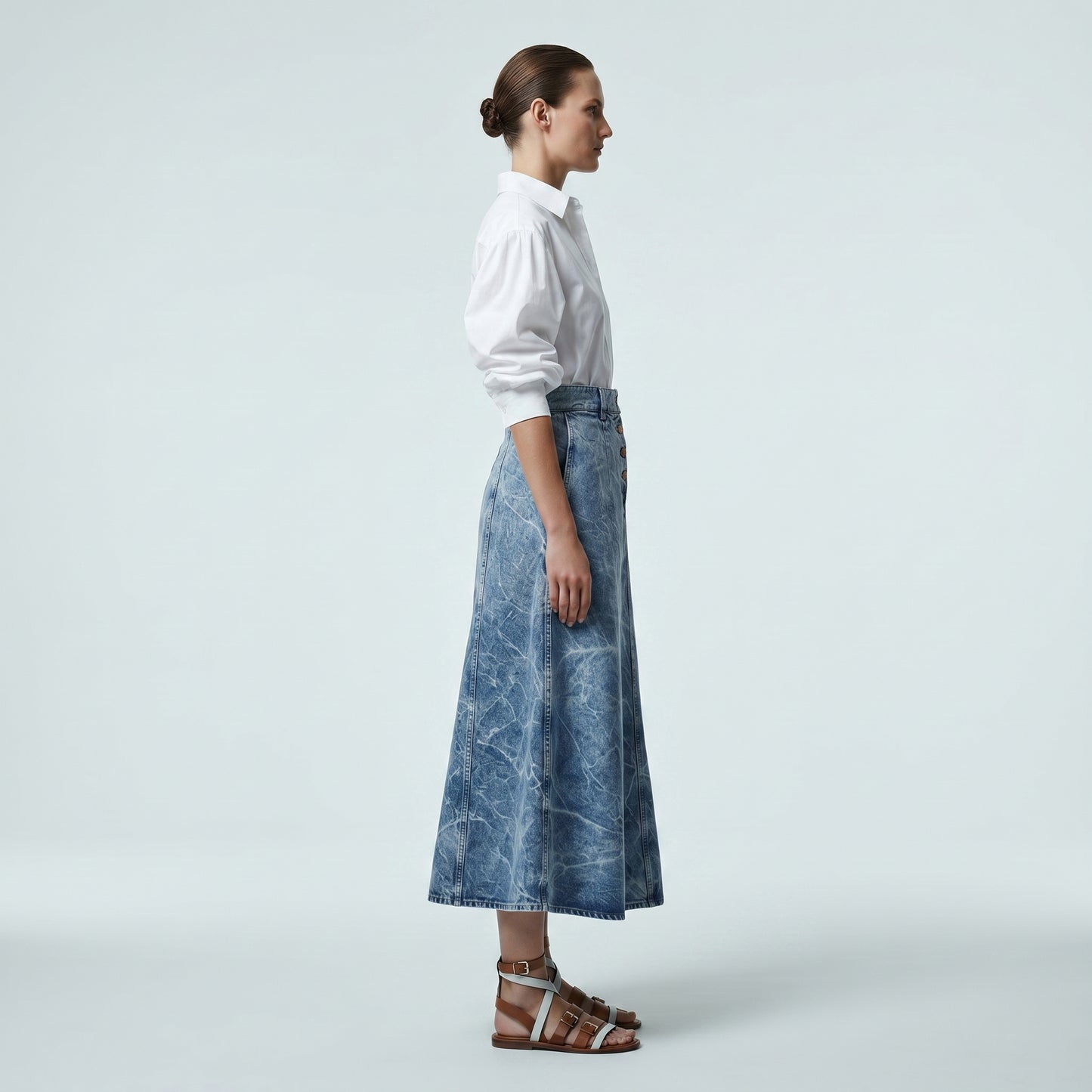 Acid Wash Denim Midi Skirt