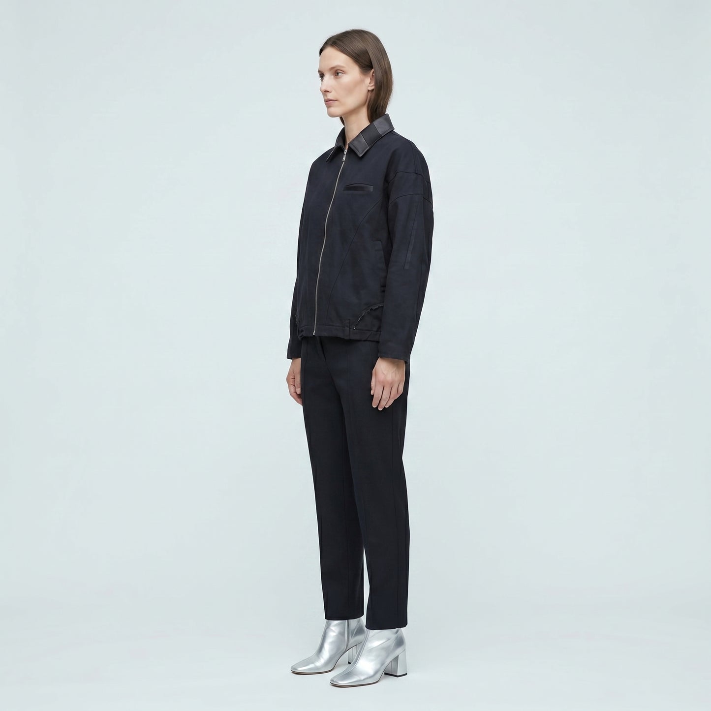 Black Contrast Collar Zip Jacket