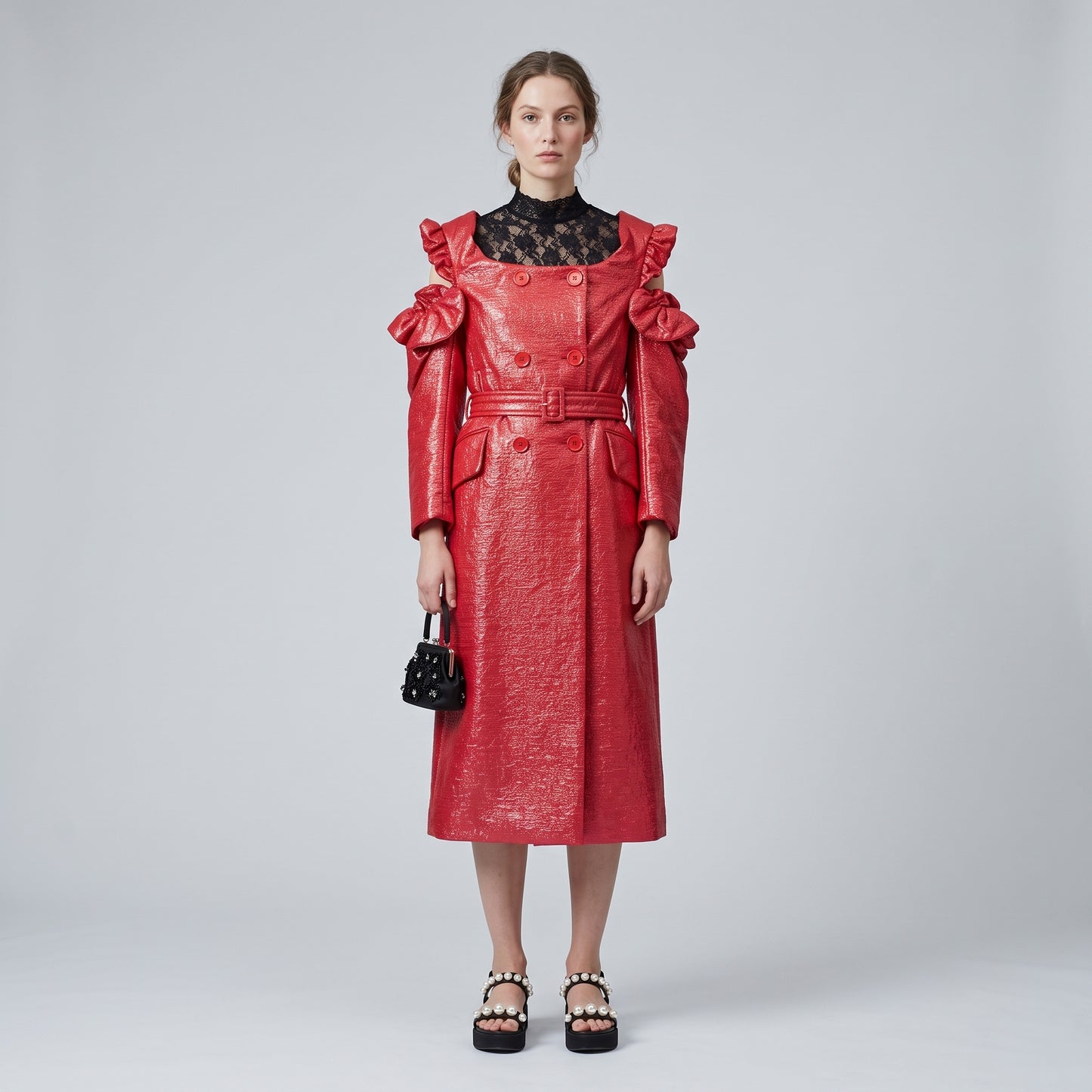Red Ruffled Shoulder Trench Coat