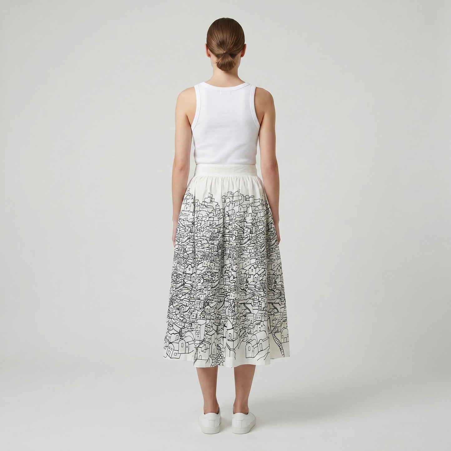 Mediterranean Village Print Midi Skirt