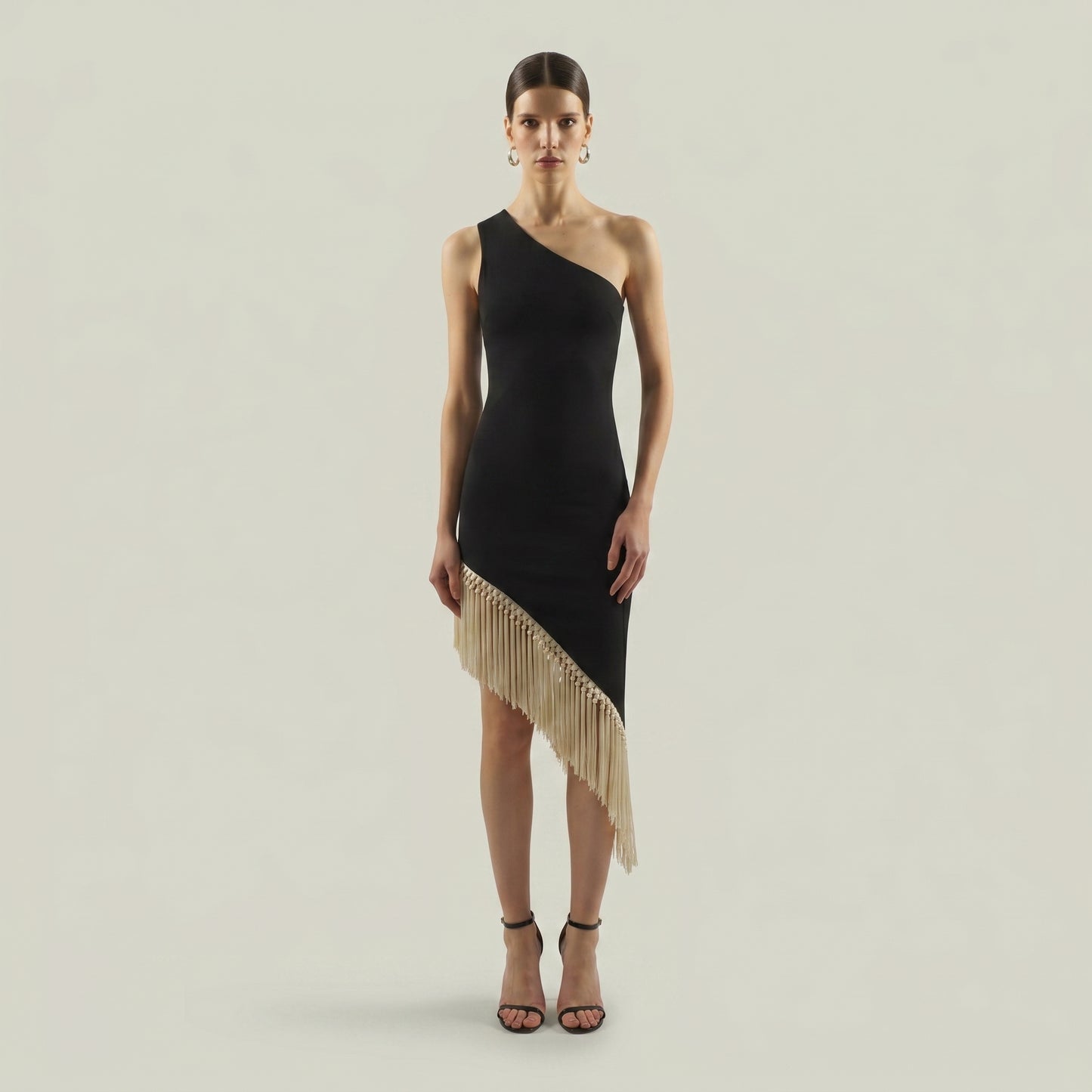 One-Shoulder Fringe Midi Dress