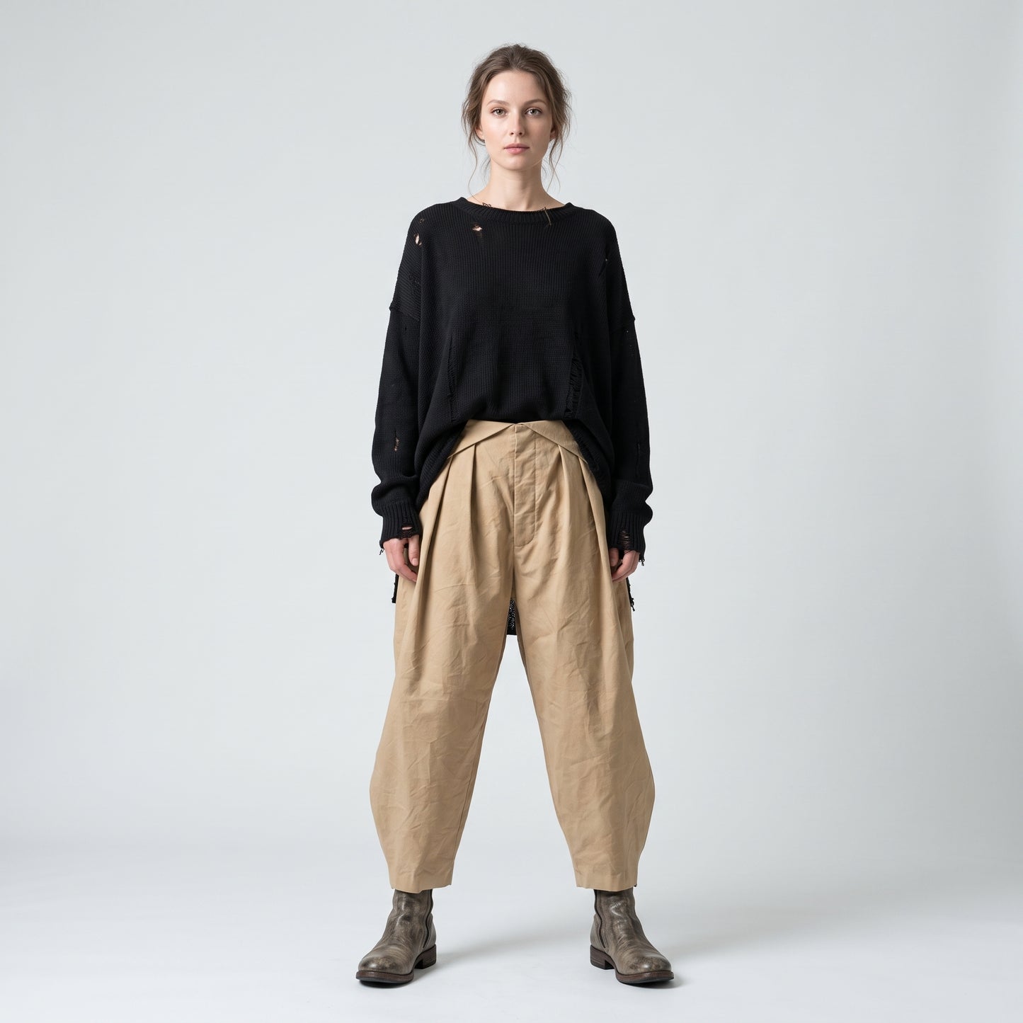 Pleated High-Waisted Beige Trousers