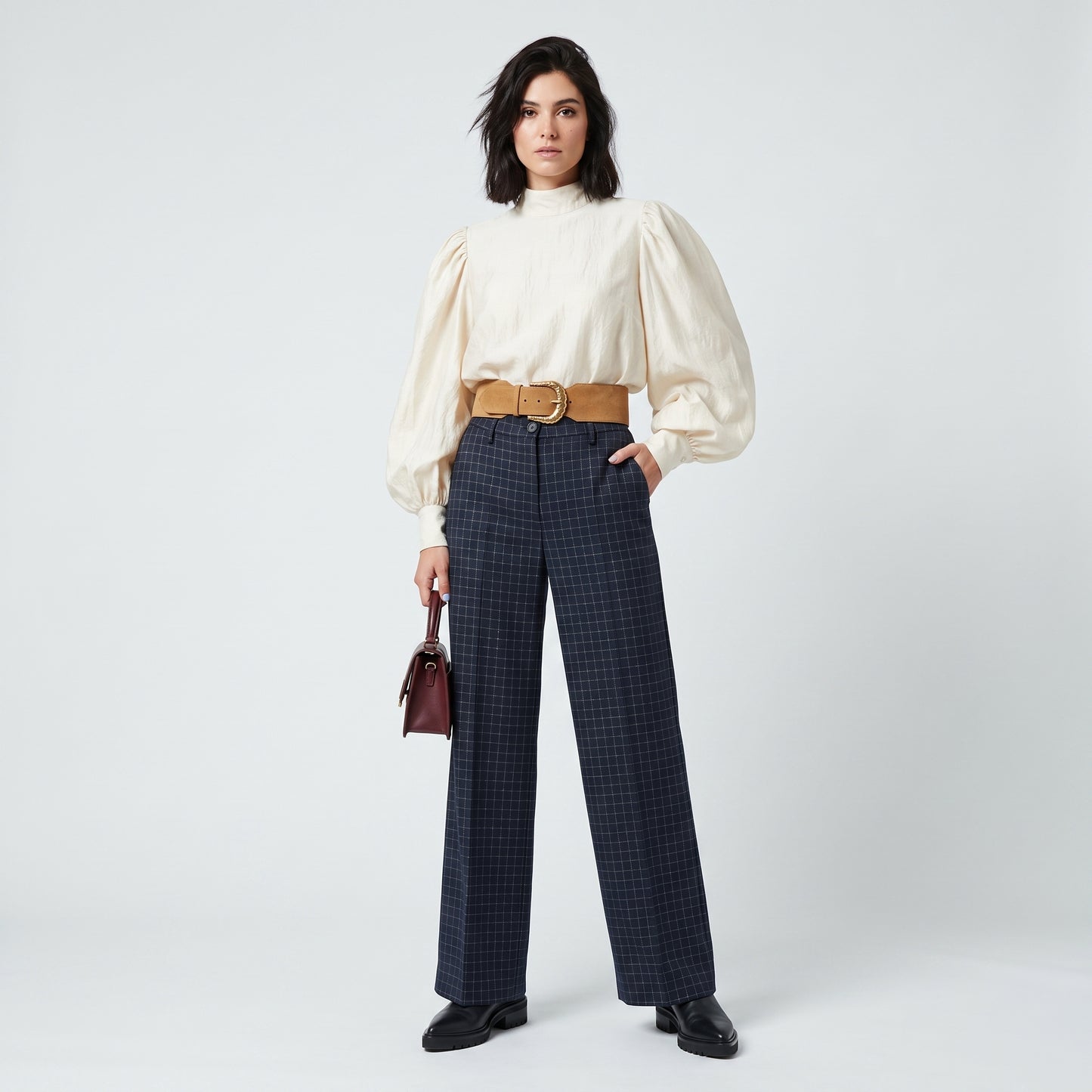 Checked Tailored Wide Leg Trousers