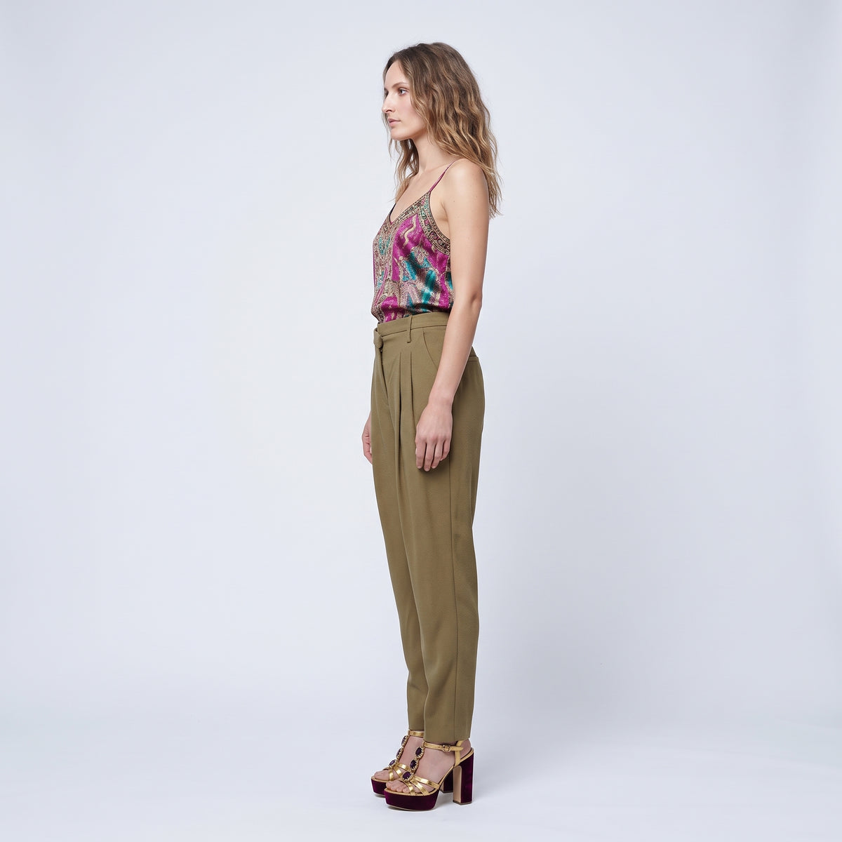 Olive Pleated Tailored Trousers