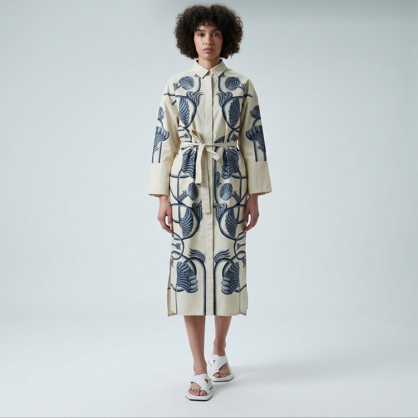 Embroidered Floral Belted Coat Dress