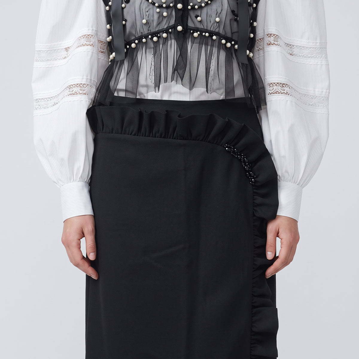 Ruffled Embellished Black Mini Skirt