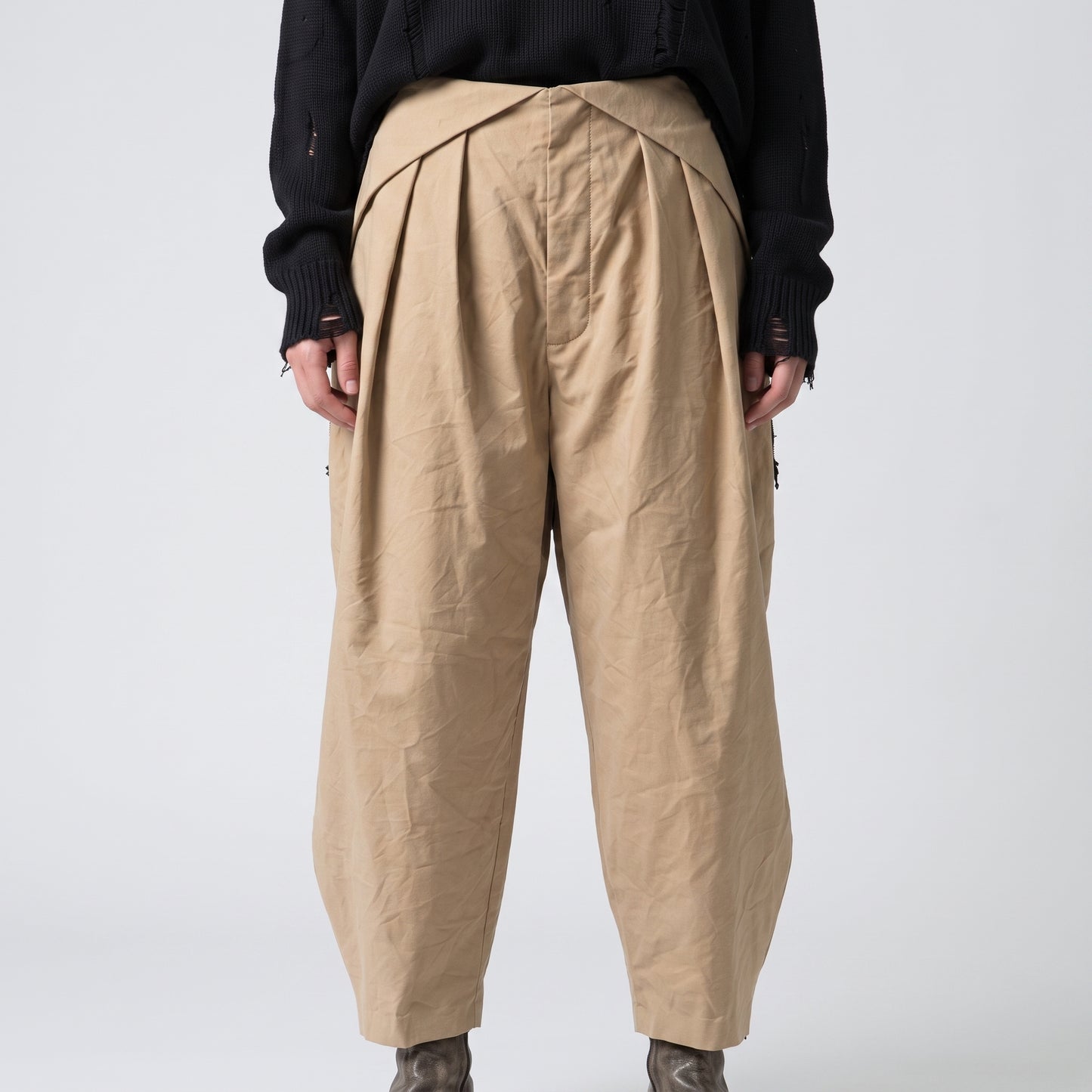 Pleated High-Waisted Beige Trousers