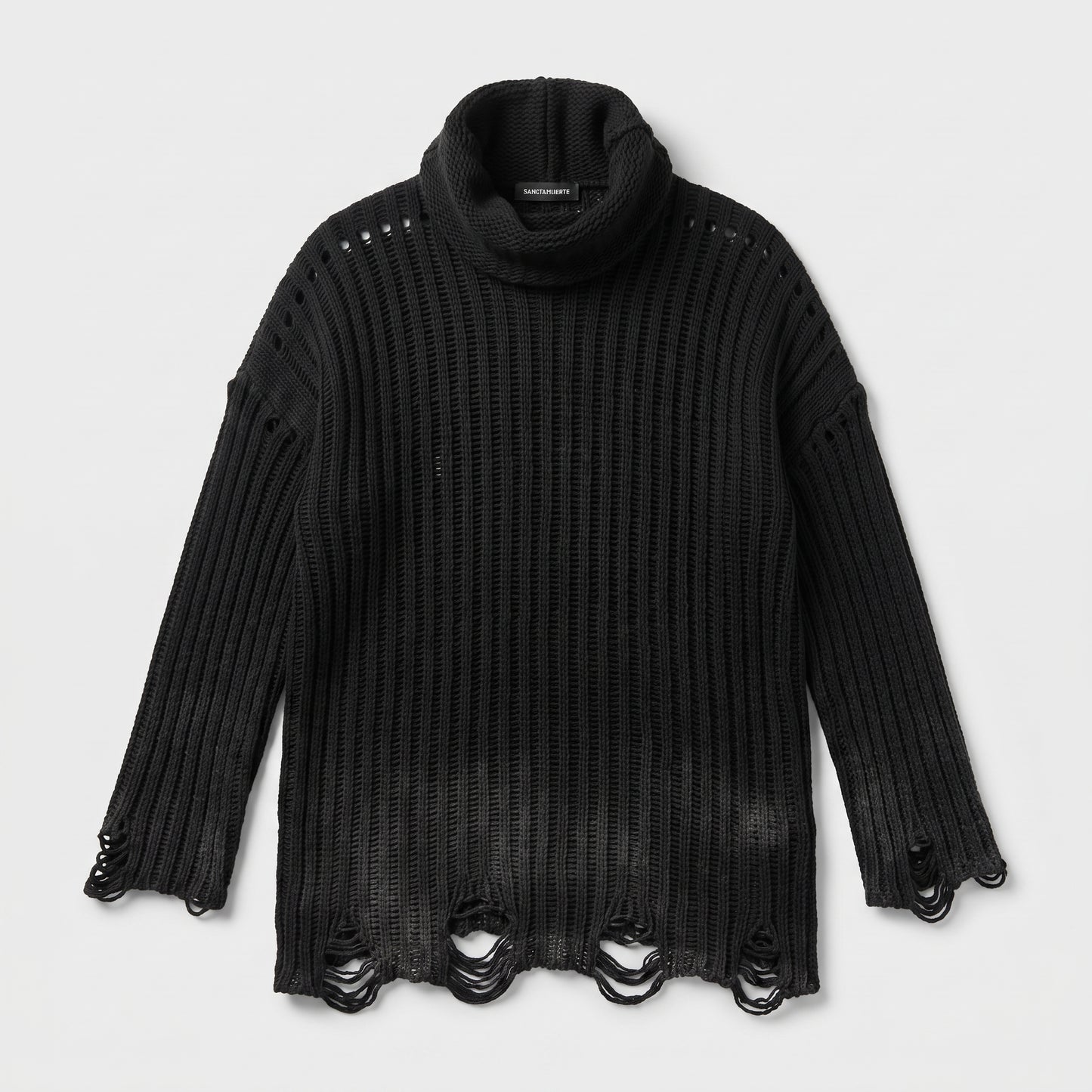 Distressed Ribbed Turtleneck Sweater