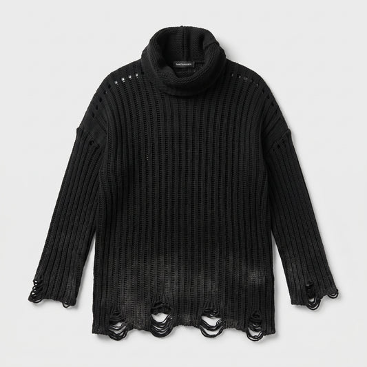 Distressed Ribbed Turtleneck Sweater