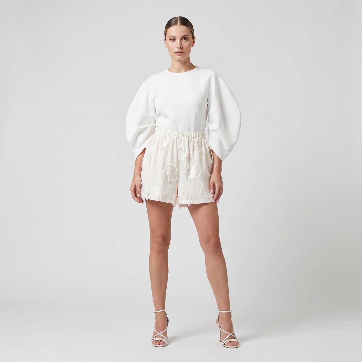 Textured Ivory Elastic Waist Shorts