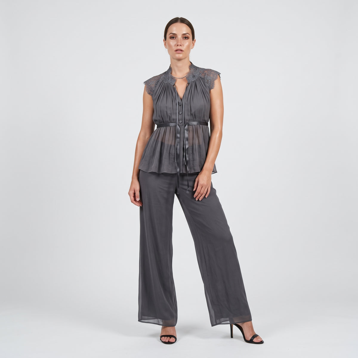 Pleated Lace Trim Silk Blouse