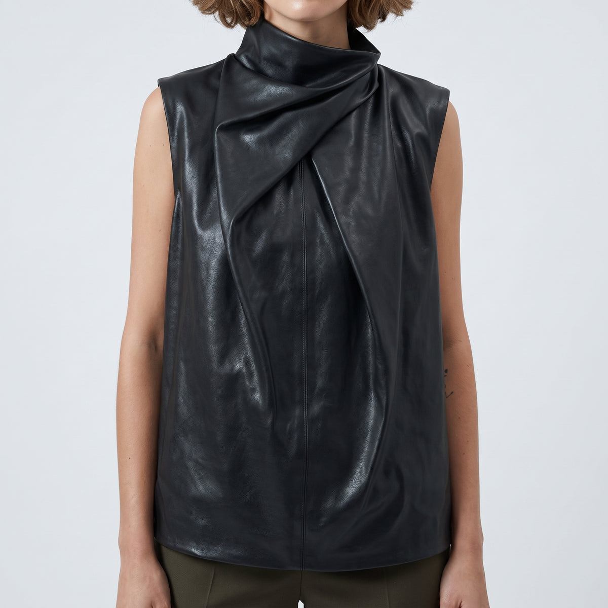 Draped Faux Leather Mockneck Vest