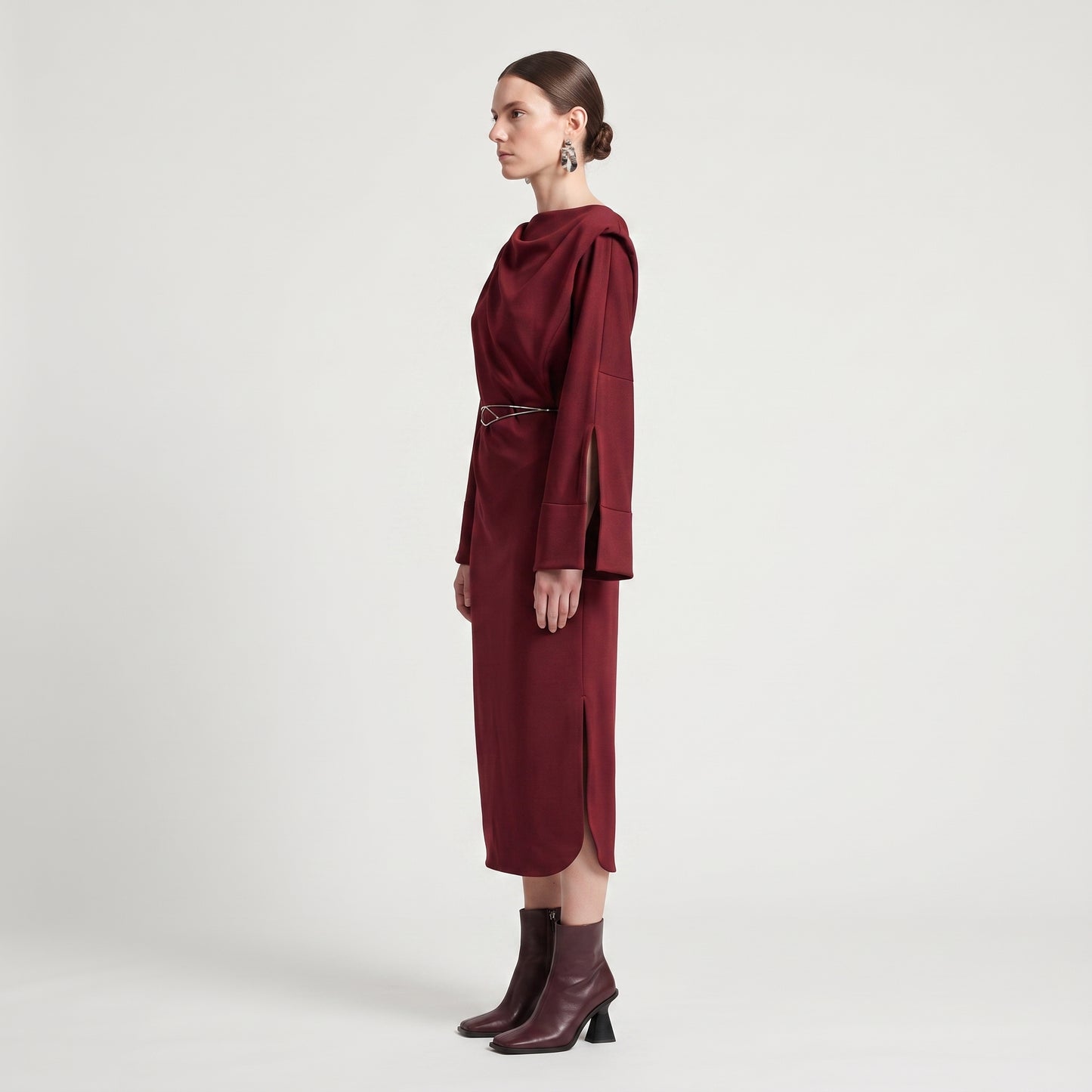 Draped Cowl Neck Burgundy Dress