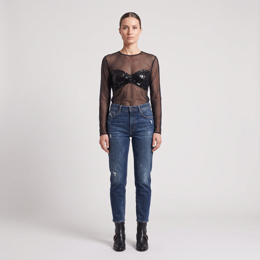Sheer Sequined Mesh Long-Sleeve Top