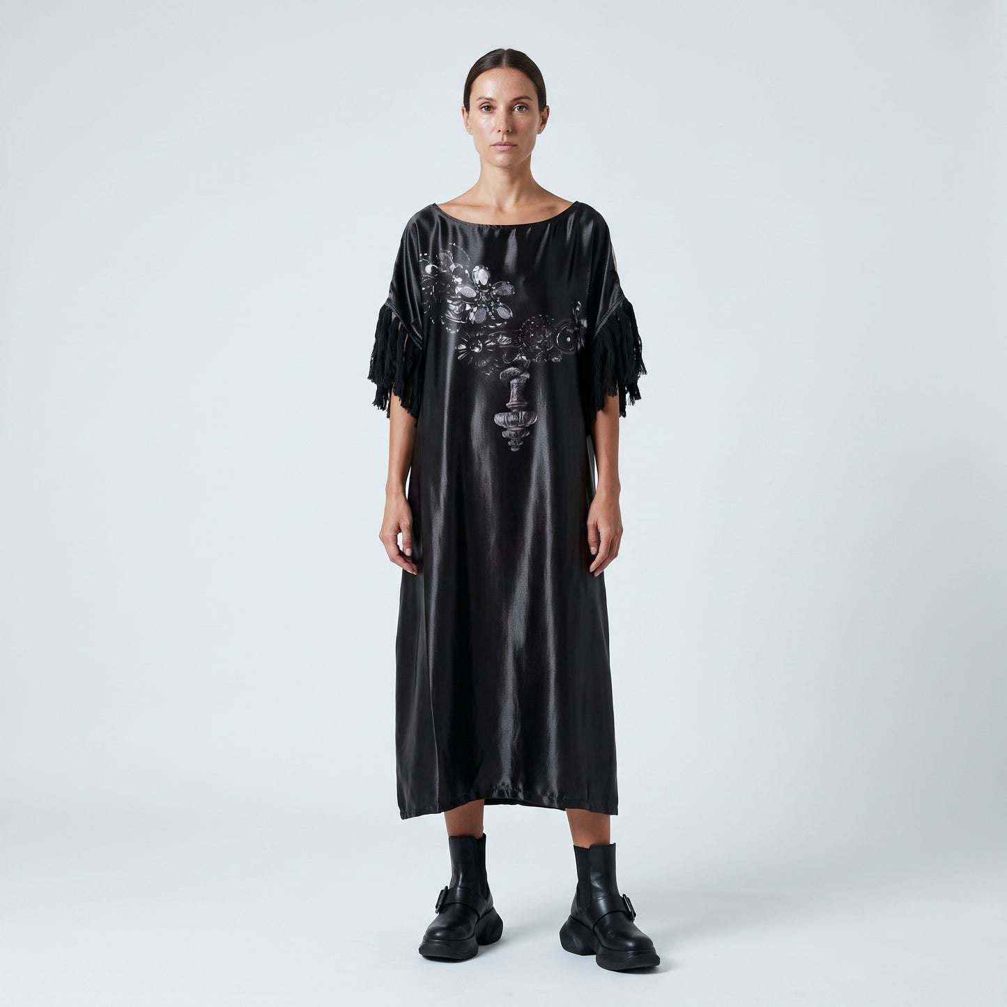 Satin Fringe Embellished Tunic Dress