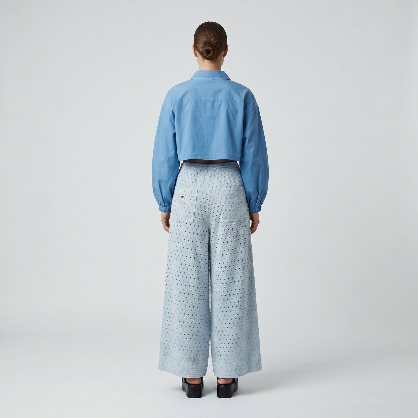 Textured Light Blue Wide-Leg Trousers